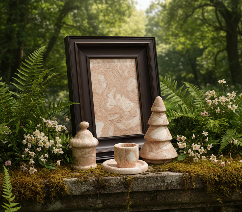 Decorative shell sculpture next to a framed marble-patterned artwork on a white surface.
